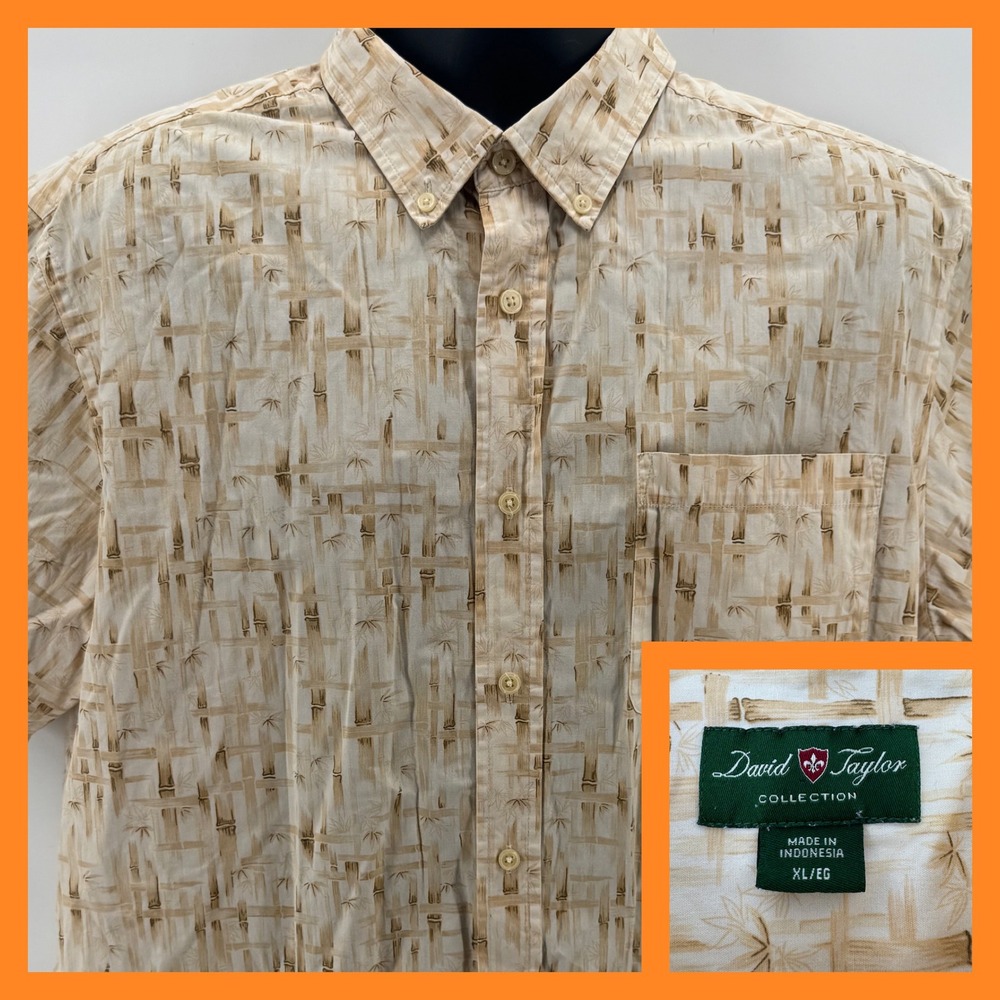 David Taylor Button Down Shirt Mens XL Tan Bamboo Tropical Cotton Short Sleeve